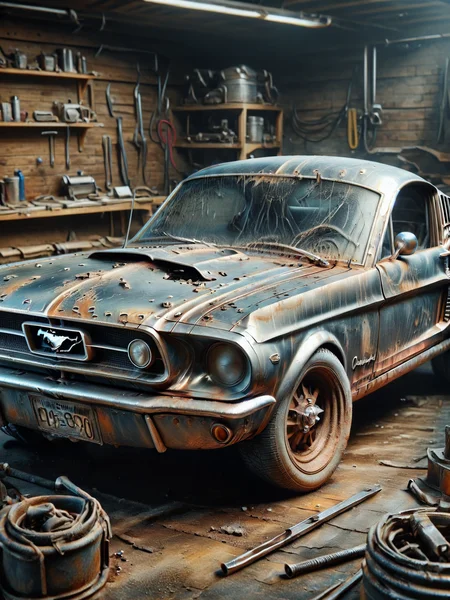 an ais-metalz ais-olde classic ford mustang, parked in the workshop <lora:Metallic_Iridescence_SDXL:0.5> <lora:Old_Style_SDXL:1>
