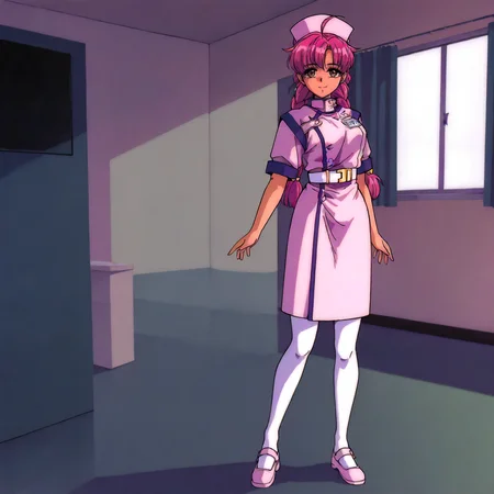 <lora:NBnH_RieMakinoXLIllustrious003>,
masterpiece,best quality,good quality,newest,
detailed background,indoors,
smile,
looking at viewer,
solo,
RieMakino,1girl,pink hair,ahoge,twin braids,long hair,brown eyes,
nurse_cap,nurse,
white belt,
skirt,
white_pantyhose,
full body,standing,