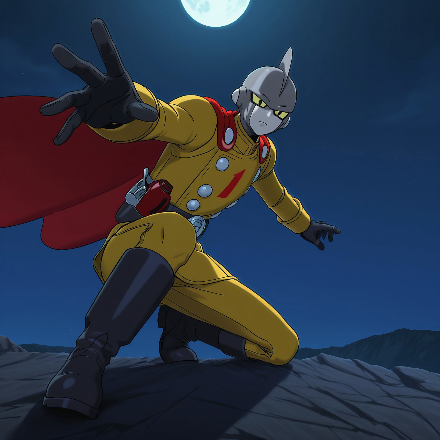 1boy, 2d, solo, DBSGamma1, male, android, humanoid, dark gray skin, light gray skin, two tone skin, yellow sclera, black pupils, fin on head, Yellow uniform, yellow pants, long sleeves, black gloves, black boots, red cape, gray buttons, belt, belt buckle, gun holster 

BREAK on one knee, looking at viewer, extending hand towards viewer, frown, outside, night, moon, low angle view, on cliff

BREAK best quality, amazing quality, very aesthetic, absurdres, newest, masterpiece, high quality, highres