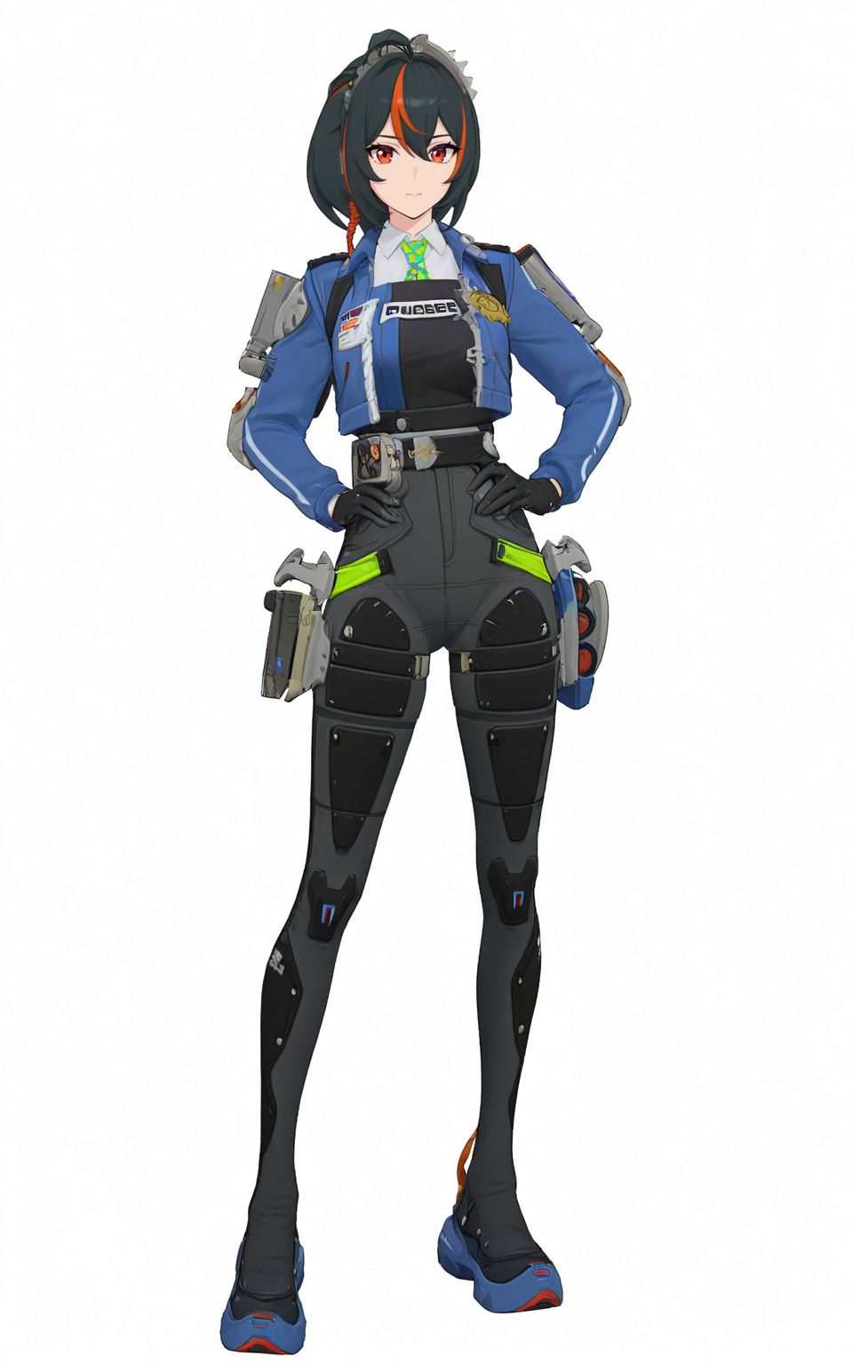 8k, best quality, masterpiece, (ultra-detailed), (high detailed skin), (white background:1.3), 
(full body:1.25), (white background), standing, looking at viewer, (solo:1.3), hands on hips, 
<lora:zhuyuan-atw-Tanger-000014:0.7>, zhuyuan, default clothes, Police combat uniforms, 1girl, multicolored hair, black hair, blue jacket, gloves, streaked hair, 
(beautiful_face), ((intricate_detail)), clear face, 
((finely_detailed)), fine_fabric_emphasis, 
((glossy)), full_shot,