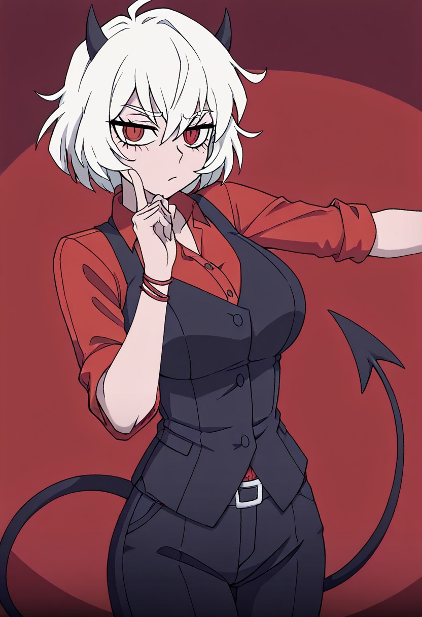 masterpiece, best quality, newest, absurdres, highres, anime, anime style, 1girl, malina (helltaker), demon girl, short hair, white hair, horns, demon tail, ONKDDV1.0, dance, finger to cheek, hoshino ruby dance, outstreched arm, pointing at self,
