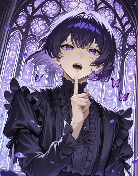 masterpiece, best quality, newest, highres, absurdres,<lora:bl4ckb0x_illu-000018:1>, bl4ckb0x_style, 1boy, stained glass, male focus, butterfly, solo, bug, looking at viewer, finger to mouth, petals, short hair, open mouth, purple eyes, long sleeves, upper body, frilled sleeves, index finger raised, bangs, purple hair, shushing, frills,dynamic composition,dynamic pose, dutch angle,