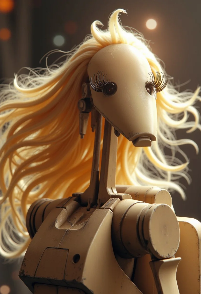A photorealistic image of a Star Wars battle droid with flowing, glossy blonde hair, and ridiculously long, curled eyelashes. The background is sleek and glamorous, with soft lighting and lens flare,
