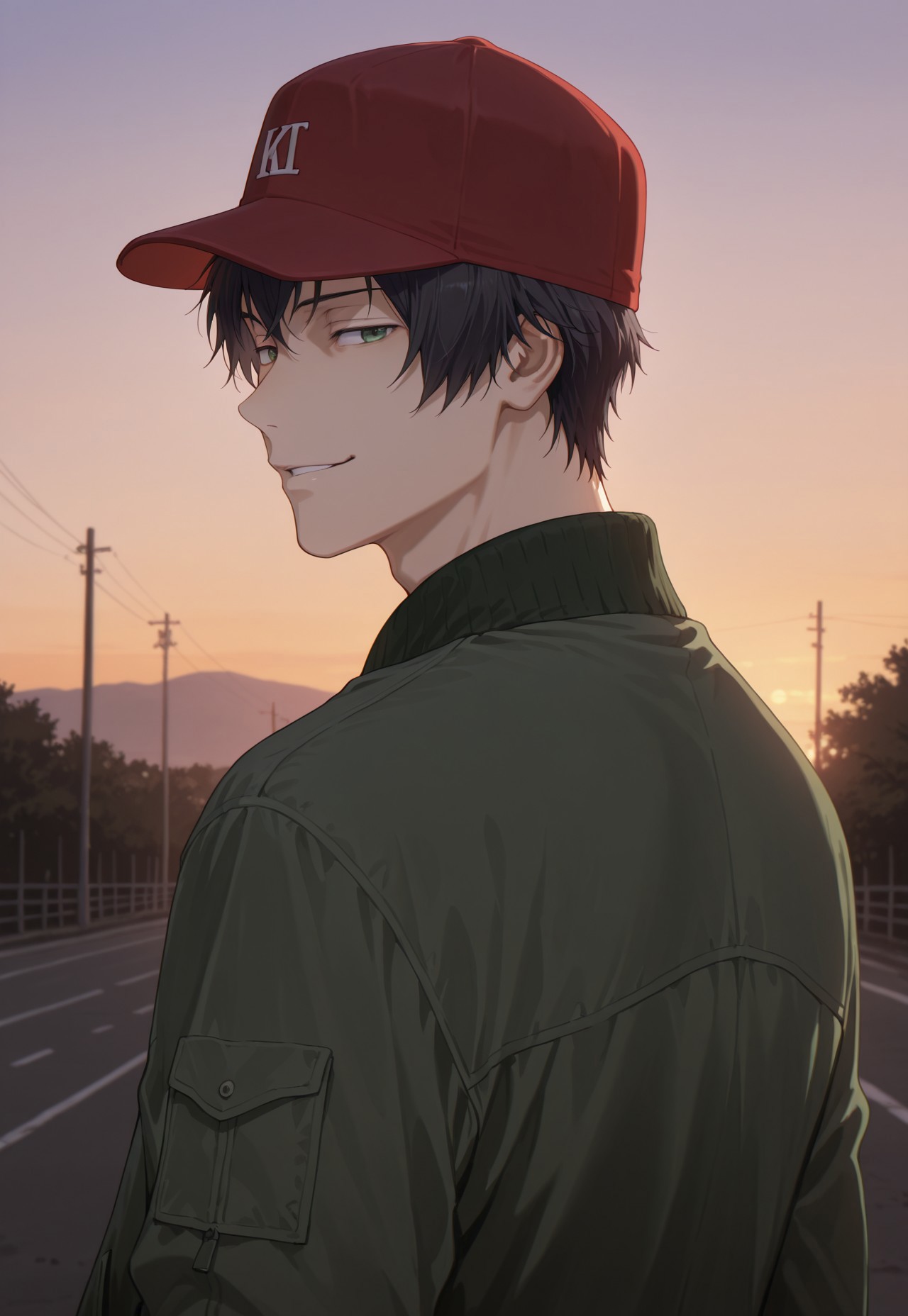 masterpiece,best quality,amazing quality, detailed details, shaded, detailed shading, detailed skin, shaded skin, realistic shading, countershading:1.1, outdoors, evening, 1boy, solo, Tadashi Kikuchi, black hair, green eyes, green jacket, red cap, smirk, looking back, 