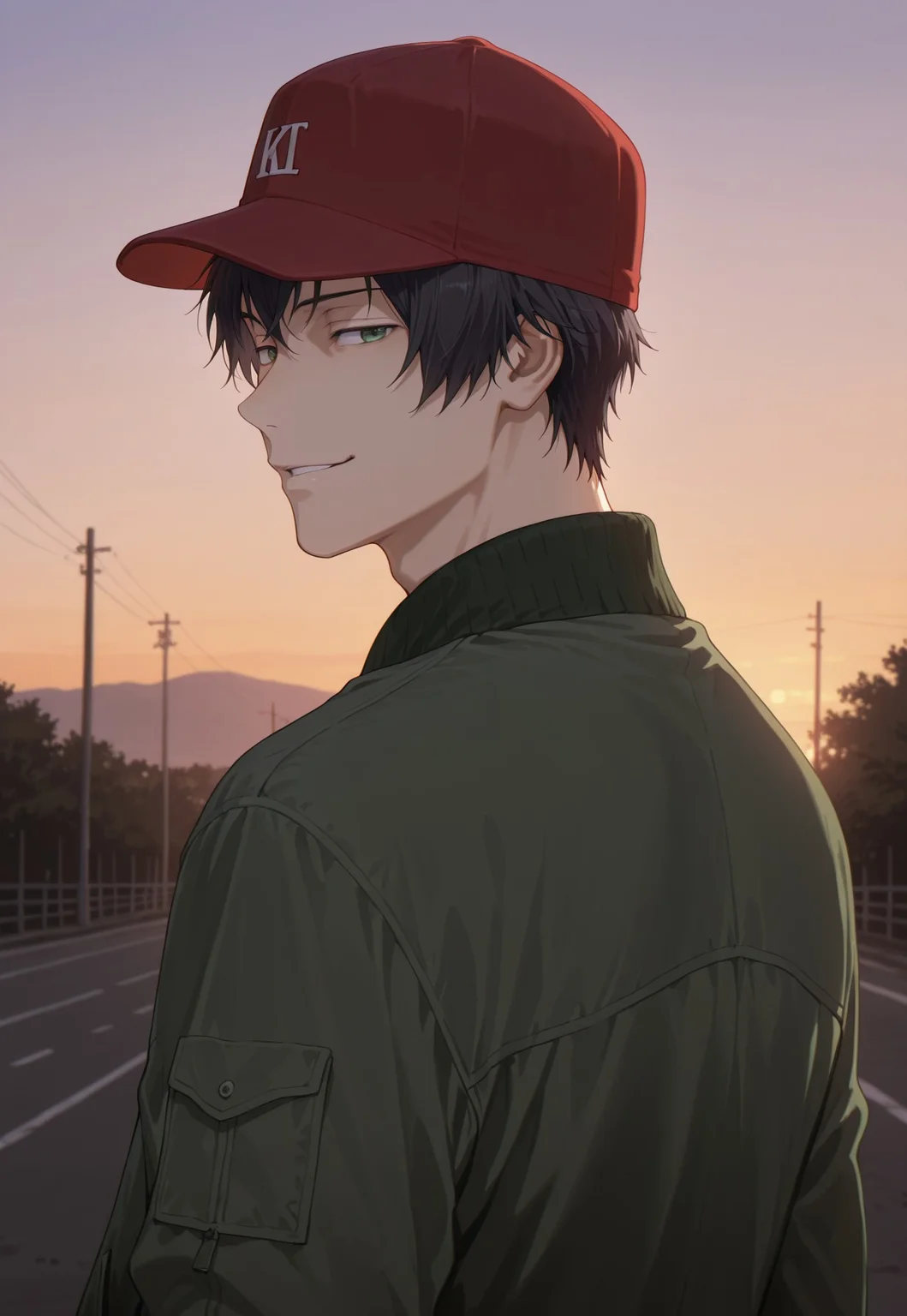 masterpiece,best quality,amazing quality, detailed details, shaded, detailed shading, detailed skin, shaded skin, realistic shading, countershading:1.1, outdoors, evening, 1boy, solo, Tadashi Kikuchi, black hair, green eyes, green jacket, red cap, smirk, looking back,