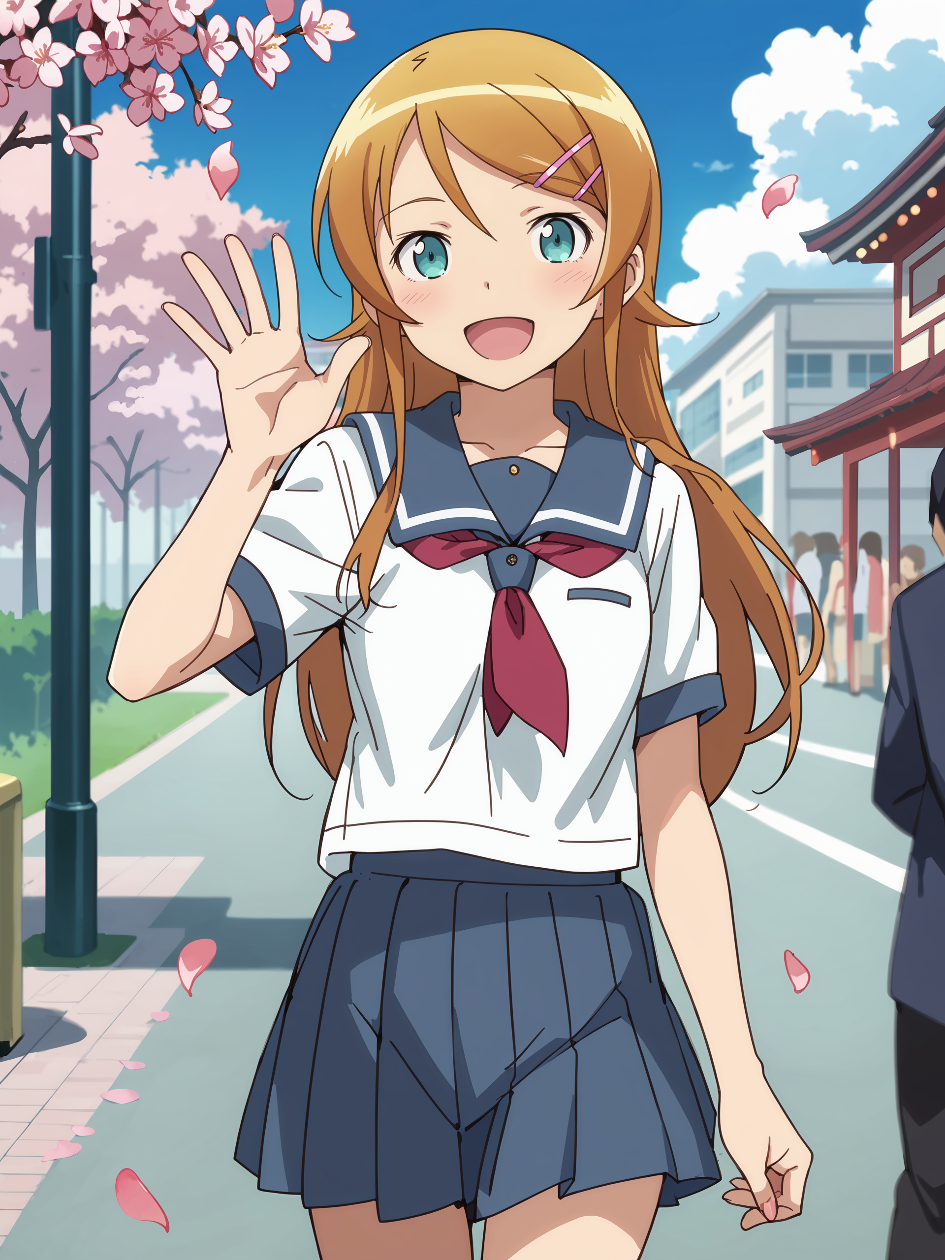 score_9, score_8_up, score_7_up, source_anime, ray tracing, best quality, anime screenshot, anime coloring,  <lora:Char-Kousaka_Kirino-V1-Pony:0.9:hr=0.6>, 1girl, kousaka kirino, hair clip, solo, serafuku, blue pleated skirt, red neckerchief, waving, looking at viewer, smile, open mouth, standing, cowboy shot, outdoors, street, cherry blossoms, petals, depth of field