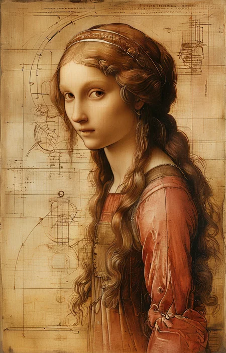 masterpiece,best quality,<lora:tbh191-sdxl:0.9>,illustration,style of Leonardo da Vinci, tech genius teenage girl