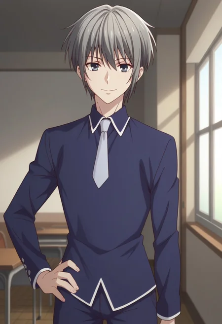 score_9, score_8_up, score_7_up, source_anime, highly detailed,
yukisohma, 1boy, solo, male focus, necktie, upper body, grey hair, hand on hip, grey eyes,
blue pants, smile, looking at viewer, standing, pants, school uniform, blue shirt, grey necktie,
indoor, japanese