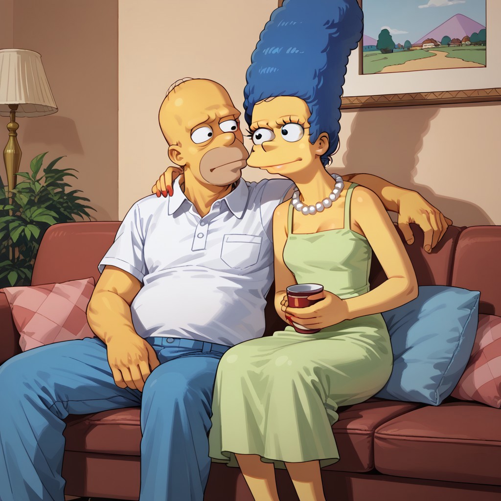 score_9, score_8, score_7, break, mh_together, (1girl, marge, blue hair, pearl necklace, dress), (1boy, homer, bald, shirt, pants), sitting, sofa, cuddle