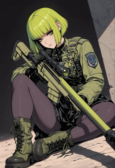 <lora:ck-shadow-circuit-IL:0.88>,
masterpiece, best quality, good quality, very aesthetic, absurdres, newest, 8K, depth of field, focused subject,
dynamic angle, goth girl with a lime green bobcut with blunt bangs. wearing military gear and combat boots. holding a large sniper rifle, trigger discipline,  in the style of cksc
<lora:MoriiMee_Gothic_Niji_Style_Illustrious_r1:0.45>
<lora:ck-neon-retrowave-IL:0.2>