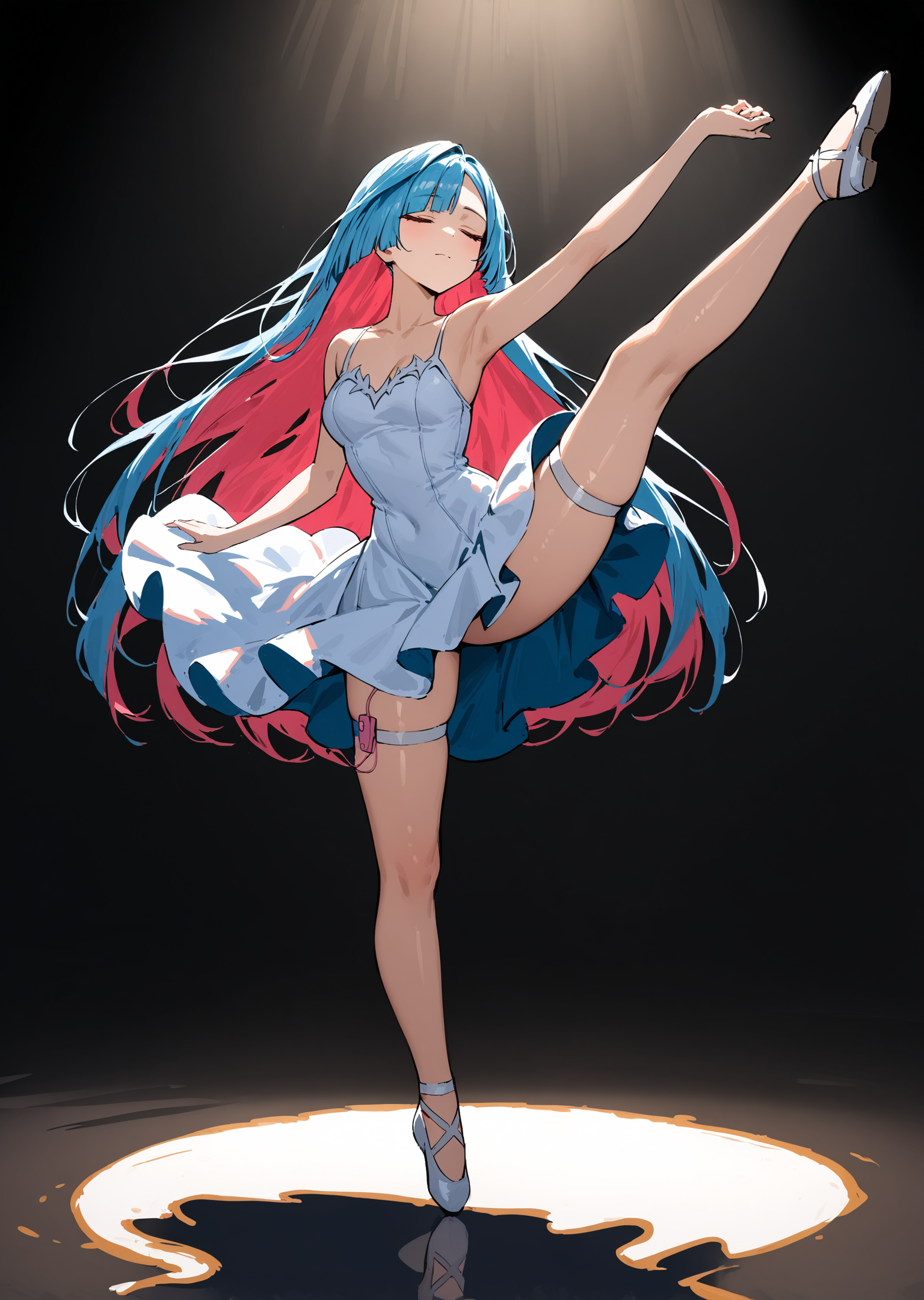 best quality, masterpiece, very aesthetic, highres, absurd res, full body, 1girl, solo, brynhildr \(fate\), very long hair, colored inner hair, closed eyes, closed mouth, median furrow, standing on one leg, leg up, dancing, ballet, white sleeveless dress, long dress, floatin hair, dress lift, painting \(medium\), medieval oil paint, acrylic paint \(medium\), traditional media, matte skin, bare arms, bare legs, (white thigh strap, pink eggvibrator, 1eggvibrator, implied vibrator insertion, eggvibrator in thigh strap, vibrator cord, zettai ryouiki:1.2), diffuse reflection, thick outlines, Rough brushstrokes, spotlight, indoors, on stage, dark background, blurry background, impasto, <lora:eggvibe-anV31-000066:0.5>,