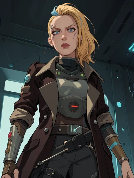 Score_9, Score_8_up, Score_7_up, Score_6_up, Source_cartoon,
from below, low angle, standing, 
1girls, sp4ceb3th, vambrace, blonde hair, blue hair, asymmetrical hair, multicolored hair, blue eyes, armor, jacket, coat, 
<lora:Space_Beth:0.95>