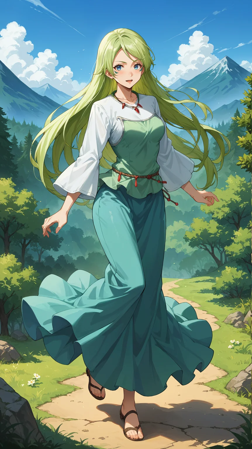 score_9,score_8_up,score_7_up,score_6_up, source_anime, zPDXL3, <lora:xl_more_art-full_v1:0.5>, woman, dynamic pose, on tiptoes, <lora:Treyni - Pony:0.8>, long hair, green hair, blue eyes, facial markings, multicolored dress, green dress, long sleeves, blue skirt, white sleeves, red necklace, long skirt, rope belt, mountain range , hills, forest in the background,
