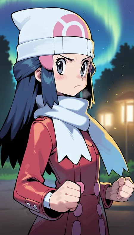 score_9,score_8_up,score_7_up,
highres,highly detailed,
<lora:hikaridawn:0.8>,
hikaridawn,
1girl,solo,navy blue hair,long hair,
grey eyes,looking at viewer,
(pout:1.2),steam,
pink hair clips,red overcoat,white scarf,white beanie,
portrait,clenched hands,
blurry background,outdoors,light particles,night,aurora,starry sky,