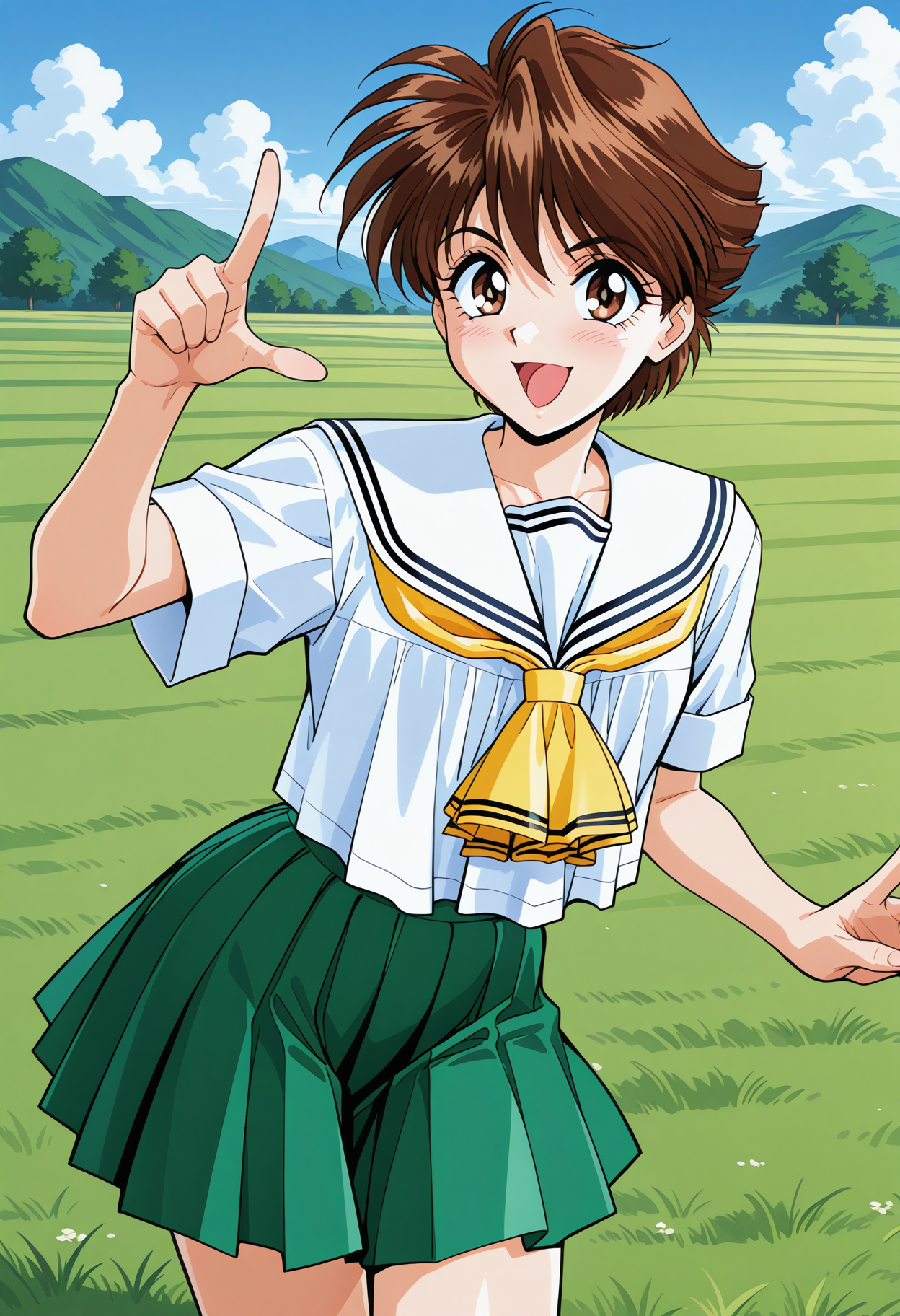 katou_mika, brown eyes, brown hair, short hair, school uniform, serafuku, white sailor collar, yellow neckerchief, white shirt, short sleeves, green skirt, pleated skirt, <lora:Graduation_katou_mika_illustrious_ver1:0.8> 
smile, open mouth,, masterpiece, best quality, very aesthetic, absurdres, general,, 1girl, solo, blue sky, (grasslands:1.2), looking at viewer,, (cowboy shot, dynamic pose:1.4),
