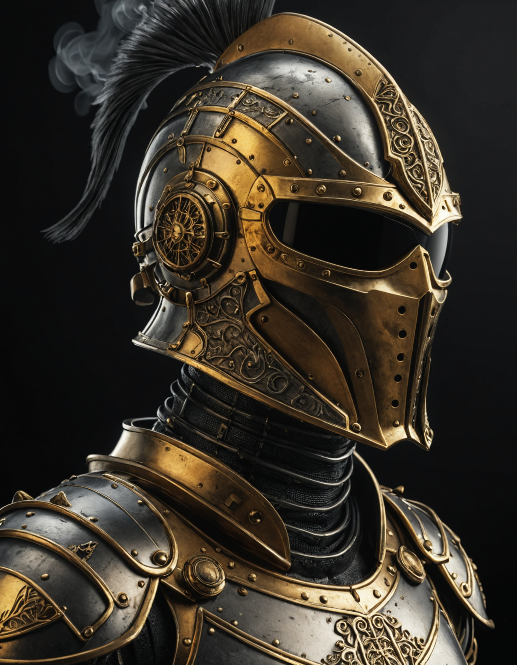 Bust portrait of a futuristic warrior with a medieval style iron helmet and sunglasses, gold armor, high contrast, serial numbers engraved on the armor, hard shadows, side lighting, black background, smoke, hyperrealistic, hyperdetailed, 3D<lora:add-detail-xl:1>