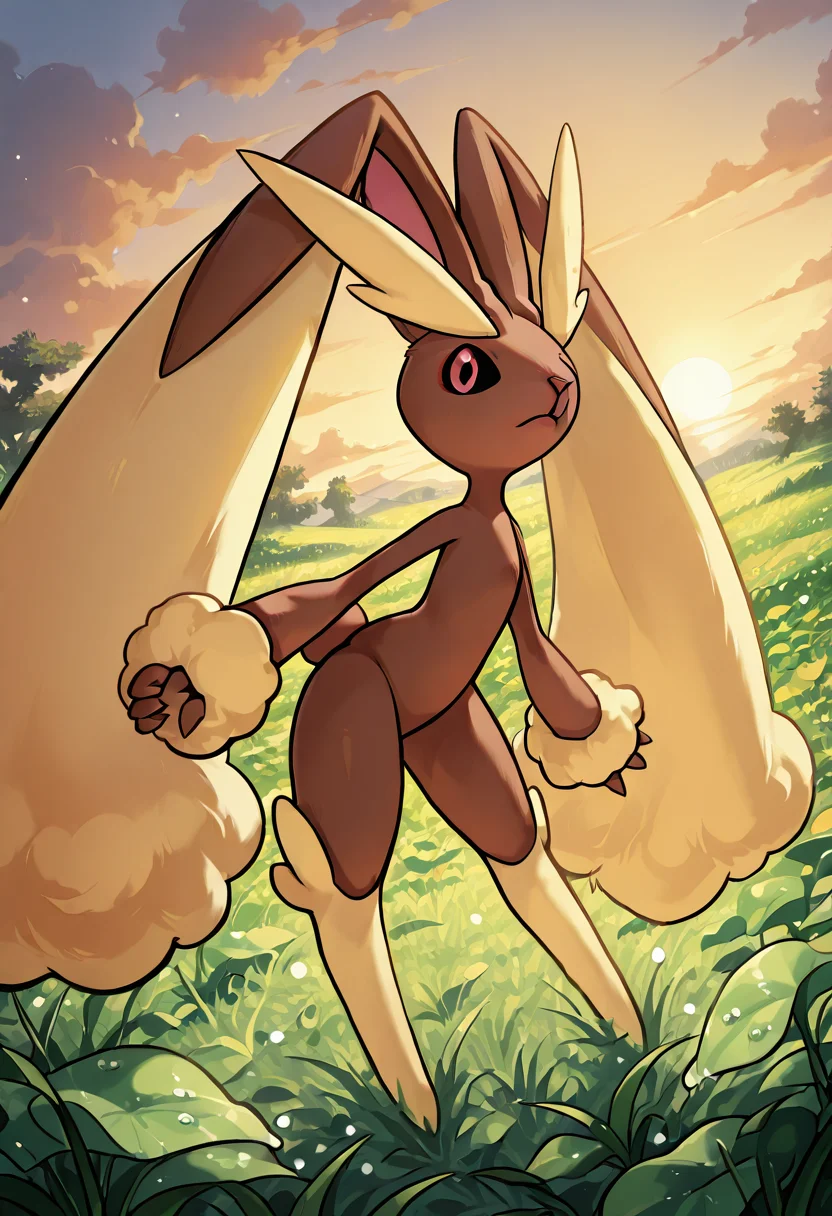 masterpiece, best quality, no humans, zzLopunny, foggy field, soft lighting, morning dew, calm pose, outstretched legs, fluffy fur, quiet atmosphere, gentle sunrise, tranquil tone â At the edge of a misty meadow, Lopunny stretches her legs in the early morning hush. Her cream tufts are damp with dew, glistening in the pale sunrise. The fog clings low to the grass, and a soft breeze stirs the calm. With eyes half-closed, she prepares for the day, her body poised and balanced in a moment of peace. <lora:LopunnyPokedex_IXL:1.0>,