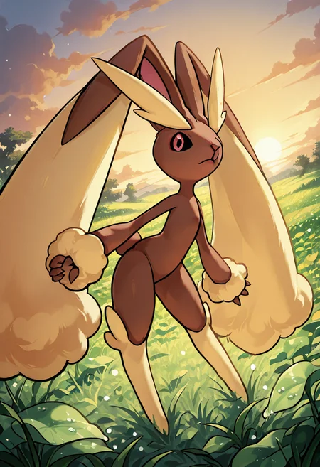 masterpiece, best quality, no humans, zzLopunny, foggy field, soft lighting, morning dew, calm pose, outstretched legs, fluffy fur, quiet atmosphere, gentle sunrise, tranquil tone â At the edge of a misty meadow, Lopunny stretches her legs in the early morning hush. Her cream tufts are damp with dew, glistening in the pale sunrise. The fog clings low to the grass, and a soft breeze stirs the calm. With eyes half-closed, she prepares for the day, her body poised and balanced in a moment of peace. <lora:LopunnyPokedex_IXL:1.0>,