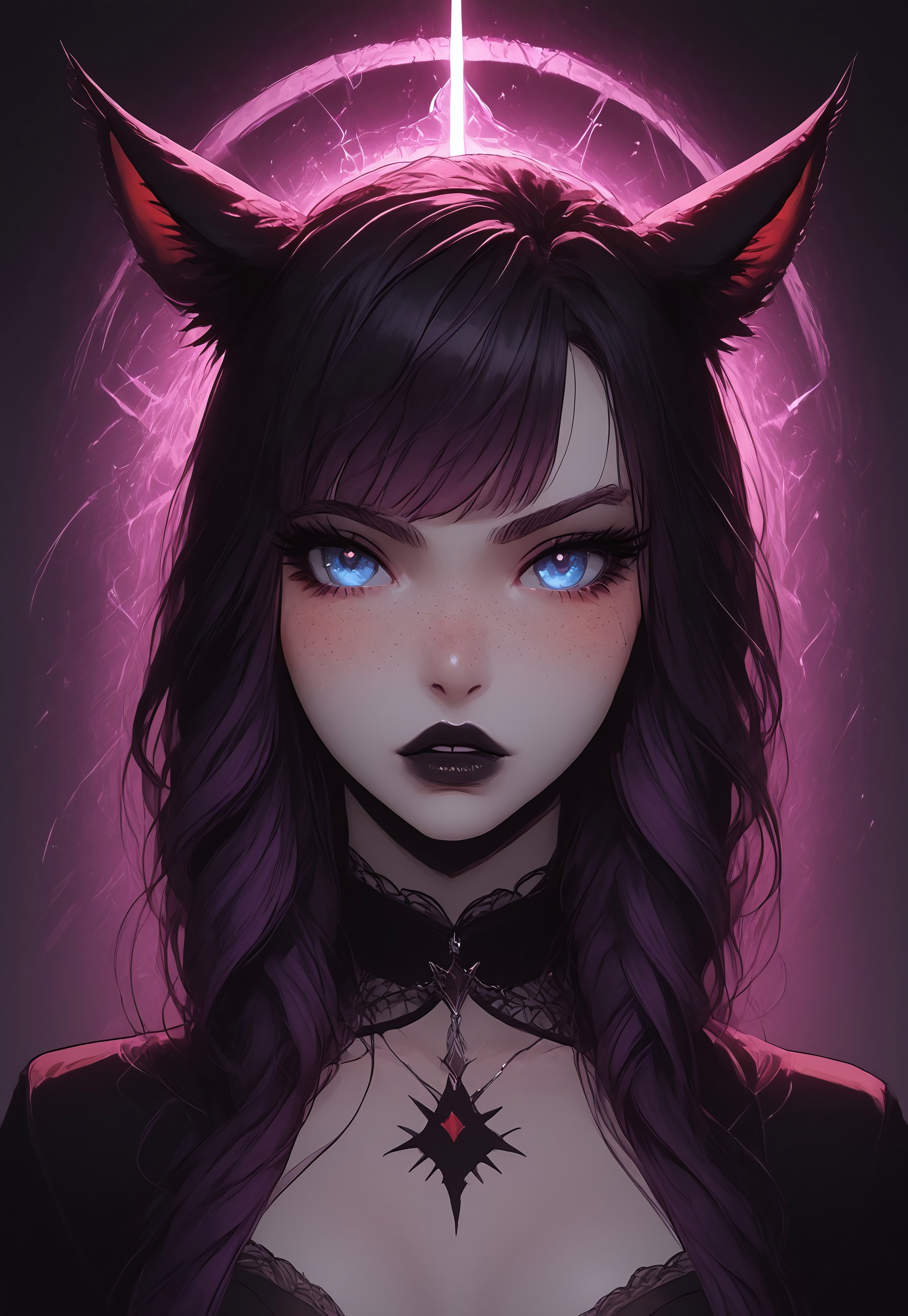 safe_pos, score_9,score_8_up,score_7_up,score_6_up, Goth girl 1girl, Goth girl, miqo'te, FemmeMiq, cat girl, cat ears, animal ears, animal ear fluff, ((woman with long black hair with purple highlights)), bangs, freckles, bold makeup, black lips, long eyelashes, eyeliner, ((large expressive blue eyes)), hourglass figure, medium breast, perky breast, perfect round ass, dark eyeliner, long eyelashes, dark pupils, high contrast shadows, high res image, masterpiece, dynamic shot, <lora:Expressive_H:0.65>, <lora:incase-ilff-v3-4:0.5> <lora:g0th1cPXL:0.45>, <lora:princess_pony_v1:0.1> <lora:Branwen_QBR:0.7>, high gradient eyes, eyesHD, dynamic pose, dynamic, detailed eyes, high definition eyes, amazing quality, wallpaper, looking at viewer, full body, goth clothes, choker, high shoes, fishnet, c4stl3, sc3n3ry, twilight, 