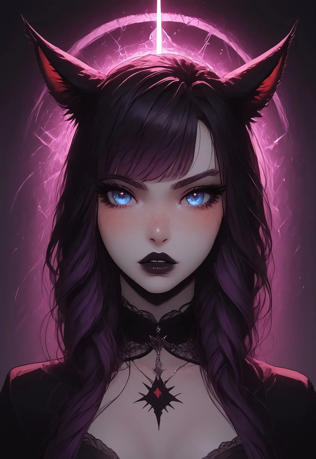 safe_pos, score_9,score_8_up,score_7_up,score_6_up, Goth girl 1girl, Goth girl, miqo'te, FemmeMiq, cat girl, cat ears, animal ears, animal ear fluff, ((woman with long black hair with purple highlights)), bangs, freckles, bold makeup, black lips, long eyelashes, eyeliner, ((large expressive blue eyes)), hourglass figure, medium breast, perky breast, perfect round ass, dark eyeliner, long eyelashes, dark pupils, high contrast shadows, high res image, masterpiece, dynamic shot, <lora:Expressive_H:0.65>, <lora:incase-ilff-v3-4:0.5> <lora:g0th1cPXL:0.45>, <lora:princess_pony_v1:0.1> <lora:Branwen_QBR:0.7>, high gradient eyes, eyesHD, dynamic pose, dynamic, detailed eyes, high definition eyes, amazing quality, wallpaper, looking at viewer, full body, goth clothes, choker, high shoes, fishnet, c4stl3, sc3n3ry, twilight, 