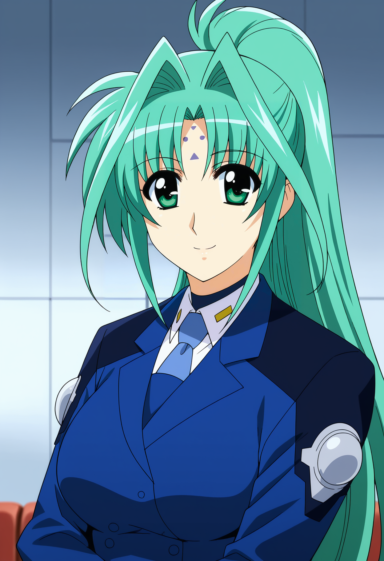 <lora:Lindy_Harlaown-Mahou_Shoujo_Lyrical_Nanoha:0.9>,Lindy,mature female,1girl,solo,green hair,forehead mark,long hair,green eyes,ponytail,uniform,military uniform,upper body,looking at viewer,smile,indoors