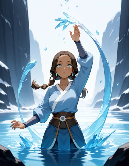 anime, masterpiece, best quality, detailed background, 8k, detailed face, beautiful eyes mature, 

4V4T4R, water bending, katara (avatar), hand up, ice, drowning,