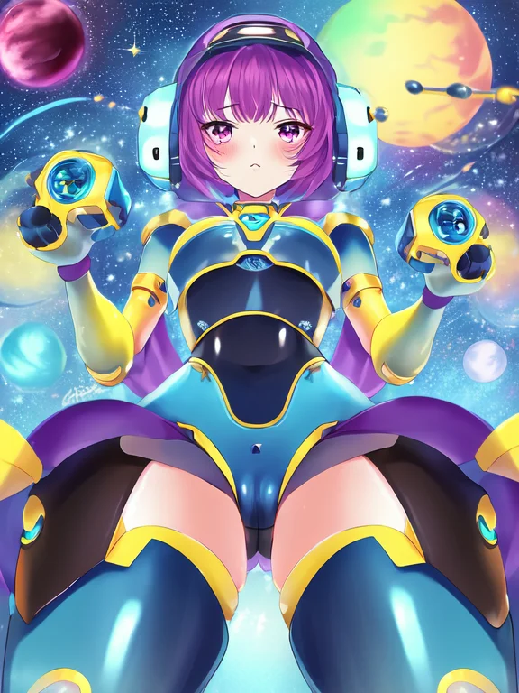 sadness, solo, 1girl, robotic, outer space background, eyes,waist, thighs, retro, hair, arms, hands, cyan, magenta, yellow, masterpiece, by hakua