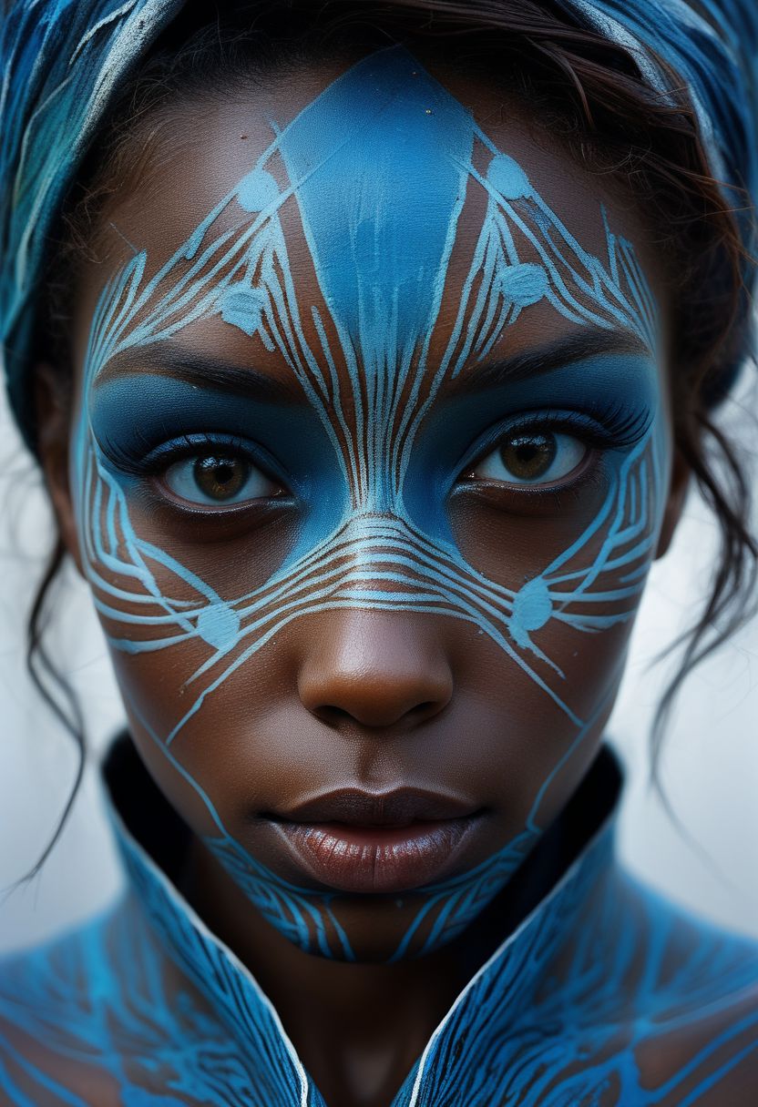 Close-up face, mysterious silhouette of an exotic coloured girl in worn down cape, light blue war-paint over eyes only, goddess, alluring, by Minjae Lee, Carne Griffiths, Emily Kell, Steve McCurry, Geoffroy Thoorens, Aaron Horkey, Jordan Grimmer, Greg Rutkowski, amazing depth, double exposure, surreal, geometric patterns, intricately detailed, bokeh,  perfect balanced, deep fine borders, artistic photorealism , smooth,  great masterwork by Suiras  <lora:add-detail-xl:2>  <lora:Double_Exposure:0.5>