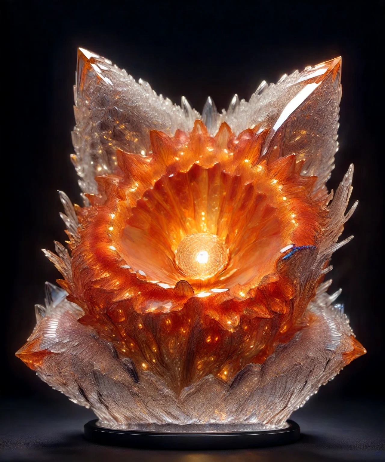 (Masterpiece, Best Quality, realistic, 4k, Highres:1.2), statue transparency crystal,an statue of orange elliptical galaxy made entirely of crystal crystal facets, (crystal with facets), shiny, glass, on top of a table