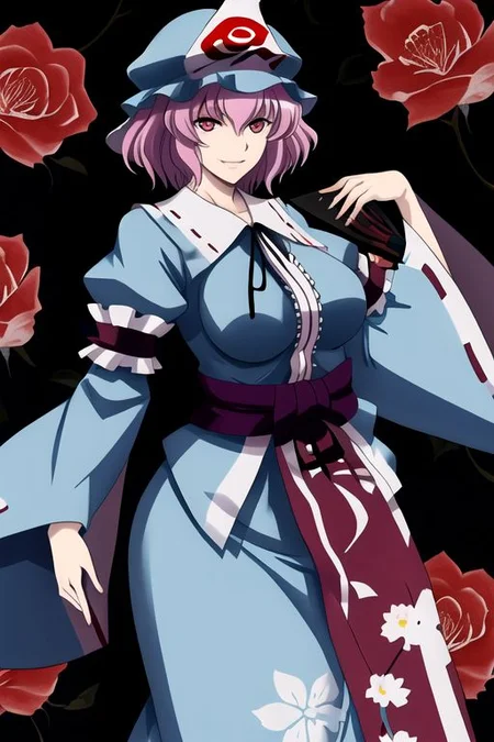 saigyouji yuyuko, 1girl, breasts, floral print, hand fan, hat, holding, holding fan, japanese clothes, large breasts, looking at viewer, mob cap, pink eyes, pink hair, puffy sleeves, smile, solo, traditional media, triangular headpiece, wide sleeves, 
masterpiece, best quality, very aesthetic, absurdres, pixiv, anime coloring