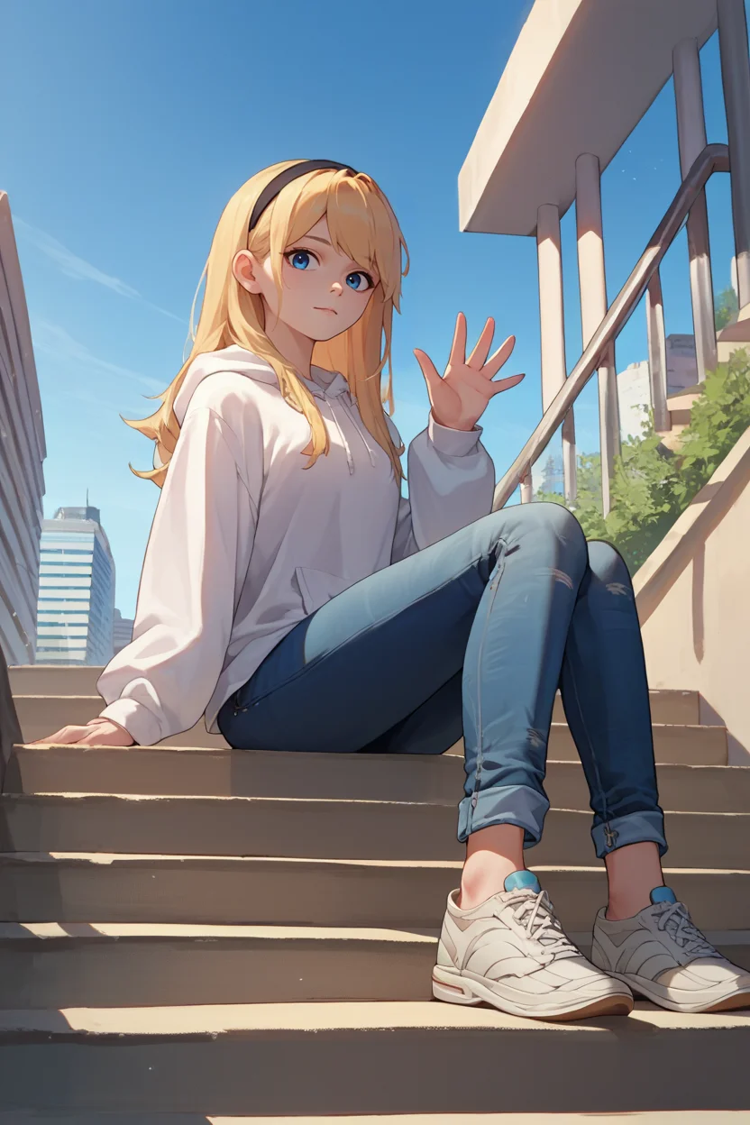 score_9, score_8_up, score_7_up, score_6_up, source_anime, 1girl, solo, <lora:lux-pdxl-nvwls-v1-000005:1> deflux, blonde hair, blue eyes, long hair, black hairband, white hoodie, jeans, waving, looking at you, sitting, city, stairs, blue sky