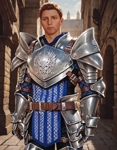 masterpiece, best quality, absurdres, newest, perfect quality, best quality, absolutely eye-catching, detailed background, intricate details, male focus, realistic, solo, <lora:Dragon Age - Alistair Theirin - Illustrious:0.8> da_alistair, male, short hair, brown eyes, stubble, warden pauldrons, warden breastplate, warden chainmail, warden belt, warden tassets, warden gauntlets, black pants, warden boots, outdoors