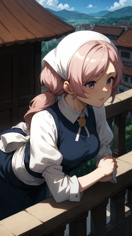 score_9,score_8_up,score_7_up,score_6_up, <lora:xl_more_art-full_v1:0.5>, source_anime, woman, dynamic pose, fetal position <lora:Isabelle - Pony:0.8>, pink hair, curly ponytail, low ponytail, long hair, purple eyes, blue dress, hairclip, white headdress, white sleeves, white sash, white collar, yellow broach, balcony, leaning forward, leaning over the edge,