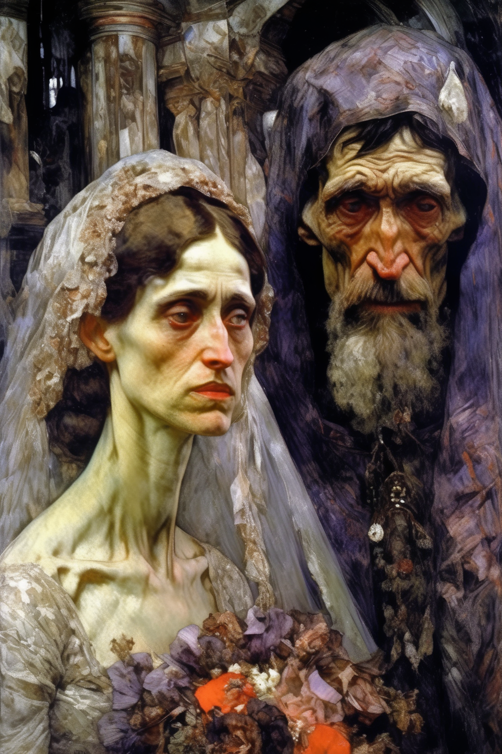 <lora:Mikhail Vrubel Style:1>Mikhail Vrubel Style - Picture. 19th century. Classic. Highly detailed. Vrubel. The wedding in the church. The groom is an ugly old man. The bride is a beautiful young beauty. The bride is crying. Dark colors. Dried flowers