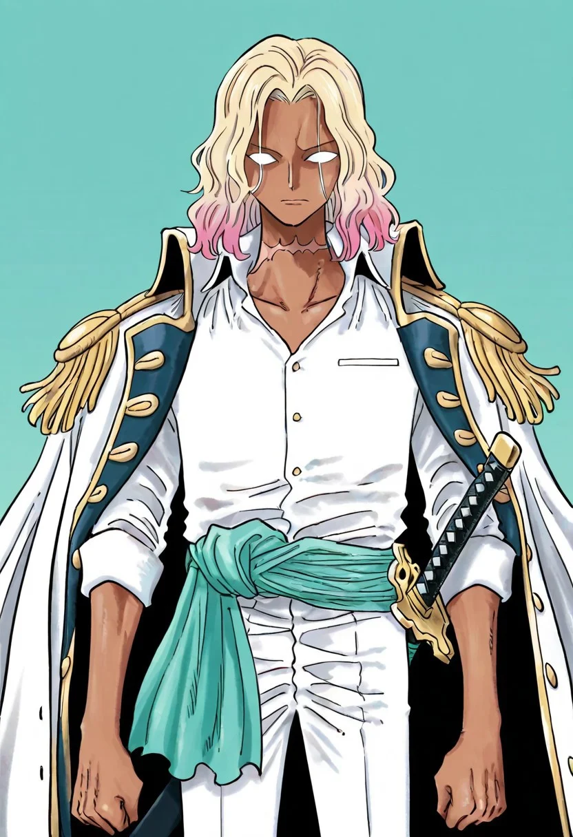 lazympos, 1boy, solo, male focus, dark skin, scar on neck, scar, medium hair, blonde hair, wavy hair, white eyes, blind eyes, no pupil, gradient hair, pink highlights, aqua sash, sash belt, marine uniform, white shirt, white pants, epaulettes, sword, sheath, coar on shoulders