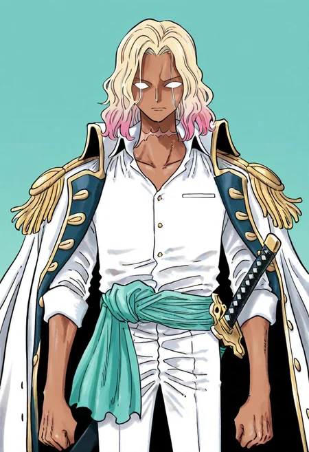 lazympos, 1boy, solo, male focus, dark skin, scar on neck, scar, medium hair, blonde hair, wavy hair, white eyes, blind eyes, no pupil, gradient hair, pink highlights, aqua sash, sash belt, marine uniform, white shirt, white pants, epaulettes, sword, sheath, coar on shoulders