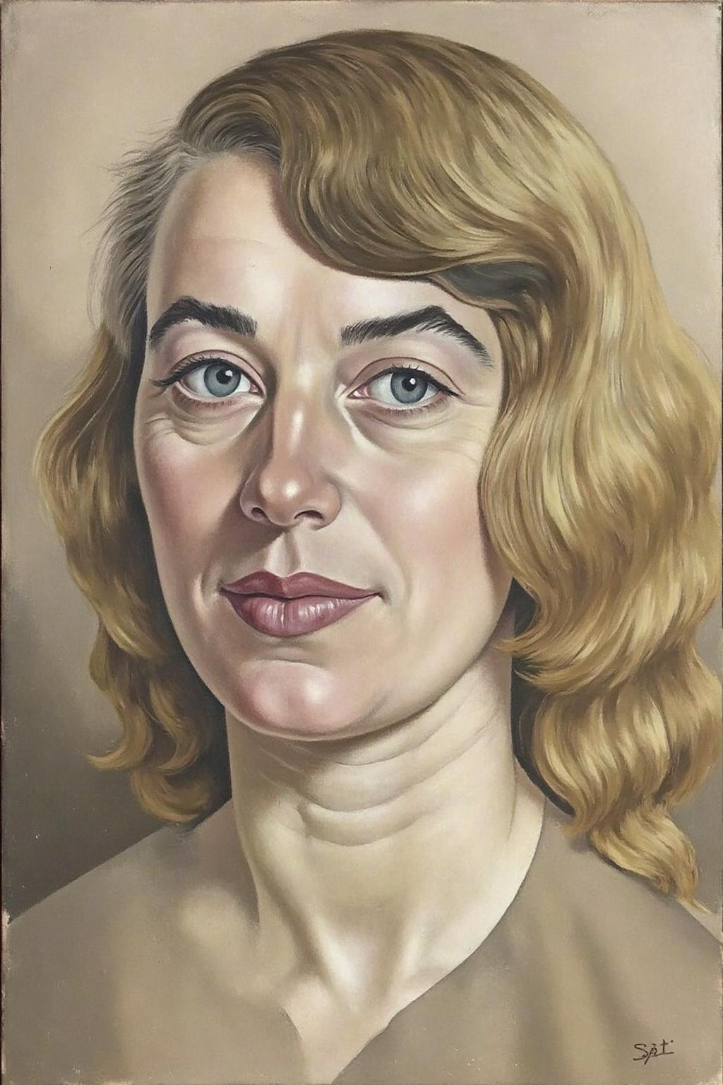 sspencer1 painting.
A painting of a woman with shoulder-length, wavy, light brown hair that frames her face. Her hair is parted to the side, and she has a soft, natural look with a gentle expression. Her eyes are a light shade of blue, and she has a subtle, slightly upturned mouth. <lora:sspencer1_cap_d6a3:1.0><lora:832109524010679392:0>