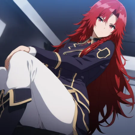 solo,anime coloring,looking at viewer,masterpiece,high score,great score,absurdres,<lora:Iris_Midgar ag4o:1> iris_midgar, long hair, red hair, braid, red eyes,uniform,white pants,boots,