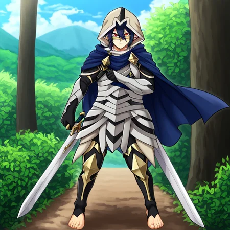 masterpiece, best quality, sharp aliasing, highly detailed, blue cape, armour, black gloves, outdoors, day, muddy ground, tree, bush, barefoot, toeless legwear, armoured legwear, stirrup legwear, 5 toes, Quality, High Definition, Full body view, solo, Tamaki Amajiki, pointy ears, dark blue hair, hair between eyes, hood, mask, male, male body, EPfeCorrin, sword, sword in hand, sword stance