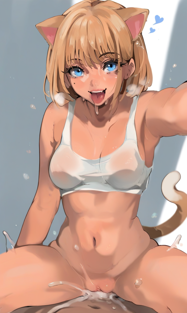 score_9, score_8_up, score_7_up, 1girl, mamimi, blonde_hair, blue_eyes, cat_girl, cat_ears, cat_tail, white_tank_top, navel, medium_breasts, looking_at_viewer, happy_sex, pussy, cowgirl_position, 1boy, sex, hetero, penis, cum, ahegao
