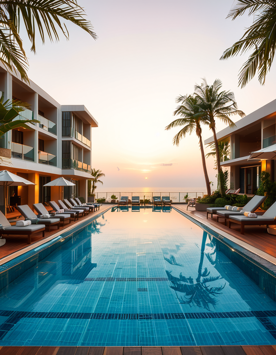 A luxurious hotel swimming pool at sunset, surrounded by elegant lounge chairs and palm trees. The crystal-clear water reflects the warm hues of the sky, creating a serene and inviting atmosphere. The pool has an infinity edge overlooking a breathtaking ocean view, with soft ambient lighting enhancing the tranquil mood. The surrounding area is immaculately maintained, with neatly arranged sunbeds, stylish umbrellas, and a sleek modern poolside bar in the background. The scene is captured in ultra-high resolution, with photorealistic details emphasizing the shimmering water, the textures of the pool tiles, and the gentle movement of palm leaves in the evening breeze.
<lora:SDXLFaeTastic2400:0.4> <lora:extremely_detailed:0.4> extremely detailed, <lora:hotel_sw1mm1ng_p00l:1>,hotel sw1mm1ng p00l, Masterpiece,best quality,hi res,8k,hi res,8k,award winning,(sharp focus, intricate, highly detailed),