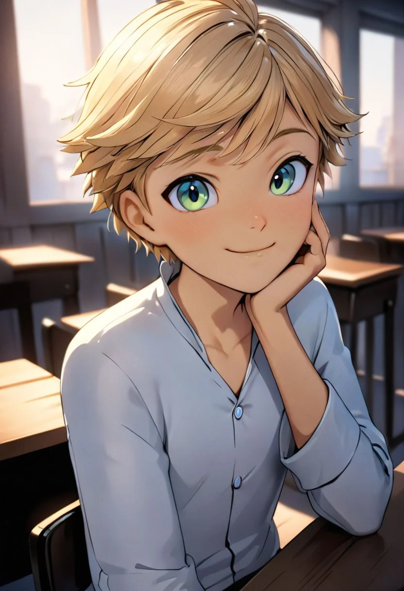 1boy, male focus, Adrien_Agreste, white button down shirt, solo, sitting, on chair, in classroom, head rest, hand on own face, smiling, looking at viewer, indoors, upper body, cinematic angle, (masterpiece), (best quality), (ultra-detailed), (finely detailed), beautiful lighting, very aesthetic, illustration, disheveled hair, perfect composition, moist skin, intricate details, unaestheticXL2v10