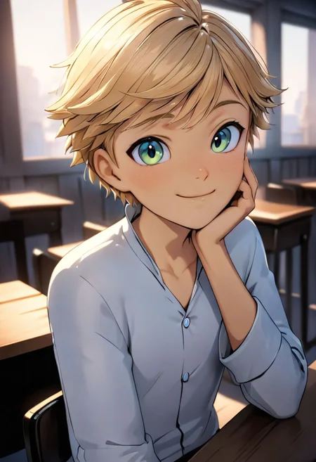 1boy, male focus, Adrien_Agreste, white button down shirt, solo, sitting, on chair, in classroom, head rest, hand on own face, smiling, looking at viewer, indoors, upper body, cinematic angle, (masterpiece), (best quality), (ultra-detailed), (finely detailed), beautiful lighting, very aesthetic, illustration, disheveled hair, perfect composition, moist skin, intricate details, unaestheticXL2v10