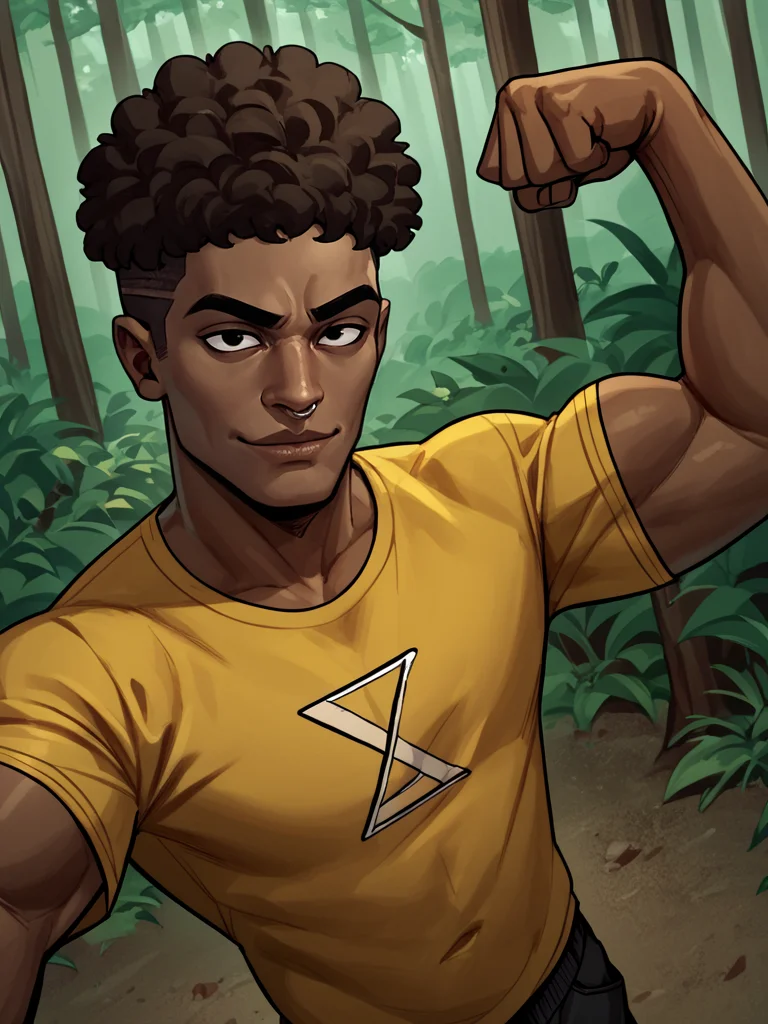 portrait of james_dvc man, dark skinned male, septum nose ring, dark brown hair, ((soul patch)), black eyes, muscular, flexing, selfie pose, looking at viewer, high angle, <lora:James_Disventure_Camp:.8> outdoors, forest background, undercut, fro haircut, yellow shirt, (short afro),, score_9, score_8_up, score_7_up, <lora:Smooth Anime 2 Style SDXL_LoRA_Pony Diffusion V6 XL:.3> <lora:add-detail-xl:.8> zPDXL3,