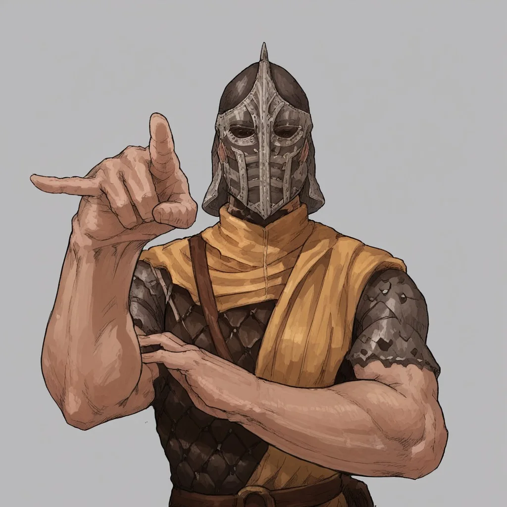 score_9, score_8_up, score_7_up, 1 boy, Whiterun_guard, helmet, armor, pointing with two fingers, pointing, looking at viewer, Sign of the Horns, corma gesture, horns sign, horns gesture,