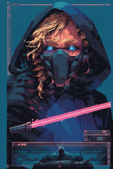 7-SWAnimated, ((1girl holding energy sword)), solo, looking at viewer, cyan eyes, simple background, blonde, long hair, braid, hood, mask, blue background, thick eyebrows, medium close up, bright pupils, hood up, mouth, purple lightsaber, retro wave, windows 98, synthwave
[reflections, dark lighting, hyper realistic, 4k, hd, high fantasy, concept art, woof, pixel art]
<lora:Star Wars Animated v1.0:1>    <lora:win98XLP:0.7> <lora:d3p1x3lXLP:1>