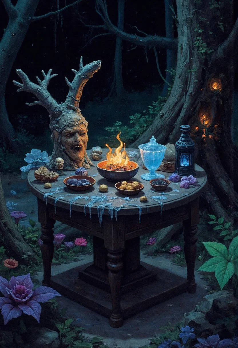 A dark wooden table covered in frost and snow is set against the backdrop of the bioluminescent Wyrmwood Forest, glowing mushrooms of green and purple sprout from the edges, atop the table rests a collection of forgotten relics: the Frostwood Flute carved from gnarled bark and wrapped in icicles, a small blackened lantern containing the Evercoal burning with ghostly blue flames, and an icy, rune-carved goblet emanating faint whispers, the style is reminiscent of Wayne Barlowe with hyper-detailed textures, a mix of earthy tones and glowing highlights, blending the organic with the arcane.
, Vibrant, grotesque, and surreal with bold contrasts, heavy black outlines, and a blend of dreamlike autumnal hues; a mix of neon, retro, and pagan elements, inspired by Sean Aaberg’s punk-infused, chaotic energy and dreamcore's eerie, nostalgic undertones
