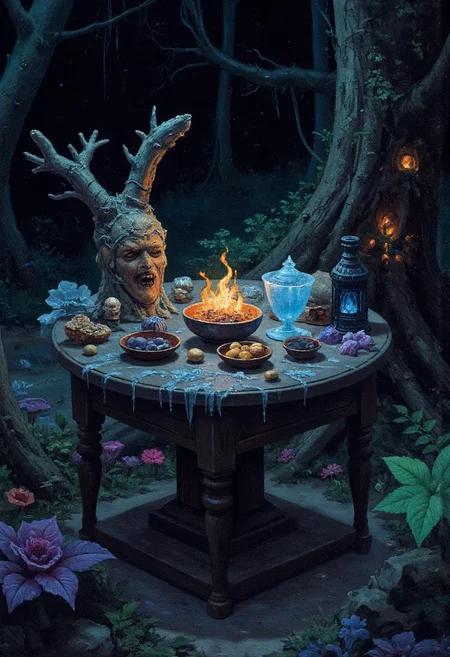 A dark wooden table covered in frost and snow is set against the backdrop of the bioluminescent Wyrmwood Forest, glowing mushrooms of green and purple sprout from the edges, atop the table rests a collection of forgotten relics: the Frostwood Flute carved from gnarled bark and wrapped in icicles, a small blackened lantern containing the Evercoal burning with ghostly blue flames, and an icy, rune-carved goblet emanating faint whispers, the style is reminiscent of Wayne Barlowe with hyper-detailed textures, a mix of earthy tones and glowing highlights, blending the organic with the arcane.
, Vibrant, grotesque, and surreal with bold contrasts, heavy black outlines, and a blend of dreamlike autumnal hues; a mix of neon, retro, and pagan elements, inspired by Sean Aaberg’s punk-infused, chaotic energy and dreamcore's eerie, nostalgic undertones