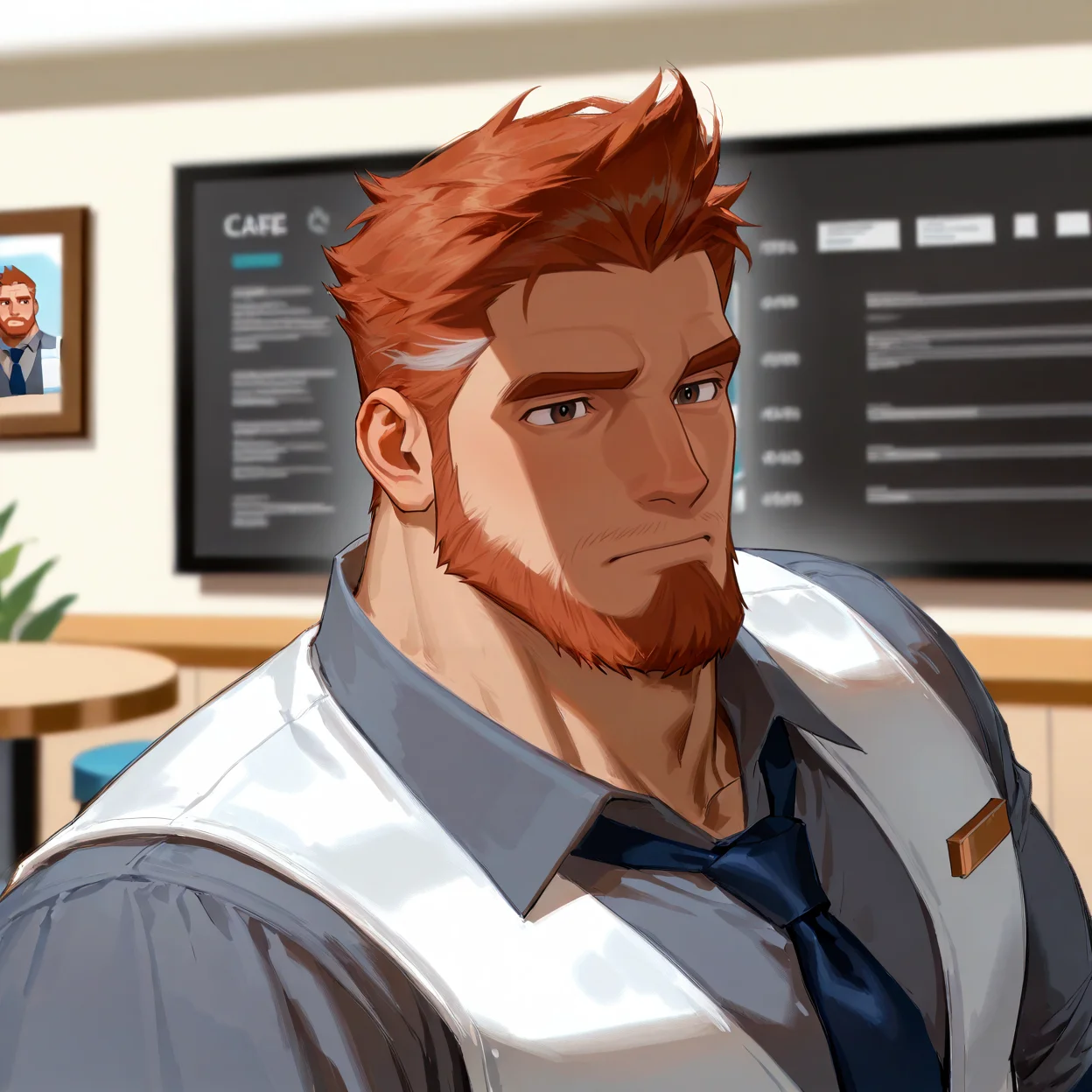 <lora:Phil_altiere_Glitch_Techs:.8> Phil Altiere, 1boy, orange hair, orange beard, chubby build, grey collared shirt, white vest, dark blue necktie, cafe, brown belt, dark blue jeans,
face focus, close-up,
(very short hair, beard, bara, mature, facial hair, stubble, beard, full beard, sideburn, beard, a lot of beard, ), facial hair,male focus, muscular male, muscular male, bara, mature, bara, mature, aixiwuganda_(20222192), very awa, masterpiece, best quality, absurdres, newest, perfect quality, detailed background, intricate details,
<lora:slider_Body Type_alpha1.0_rank4_noxattn_last:3><lora:style_Anime Summer Days 2 Style SDXL_LoRA_Pony Diffusion V6 XL:.6><lora:slider_cfg_scale_boost:.7><lora:Artist6p:.55>, Artist6p, Artist04p,<lora:slider_il_brightness_slider_d1:-1><lora:slider_il_contrast_slider_d1:-1><lora:slider_DarkSlider1.2_alpha1.0_rank16_full_300steps:-.6>