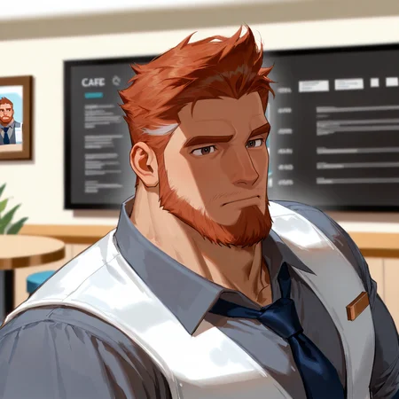 <lora:Phil_altiere_Glitch_Techs:.8> Phil Altiere, 1boy, orange hair, orange beard, chubby build, grey collared shirt, white vest, dark blue necktie, cafe, brown belt, dark blue jeans,
face focus, close-up, 
(very short hair, beard, bara, mature, facial hair, stubble, beard, full beard, sideburn, beard, a lot of beard, ), facial hair,male focus, muscular male, muscular male, bara, mature,  bara, mature, aixiwuganda_(20222192), very awa, masterpiece, best quality, absurdres, newest, perfect quality, detailed background, intricate details,
<lora:slider_Body Type_alpha1.0_rank4_noxattn_last:3><lora:style_Anime Summer Days 2 Style SDXL_LoRA_Pony Diffusion V6 XL:.6><lora:slider_cfg_scale_boost:.7><lora:Artist6p:.55>, Artist6p, Artist04p,<lora:slider_il_brightness_slider_d1:-1><lora:slider_il_contrast_slider_d1:-1><lora:slider_DarkSlider1.2_alpha1.0_rank16_full_300steps:-.6>
